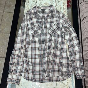 Eddie Bauer cream and brown plaid button down shirt